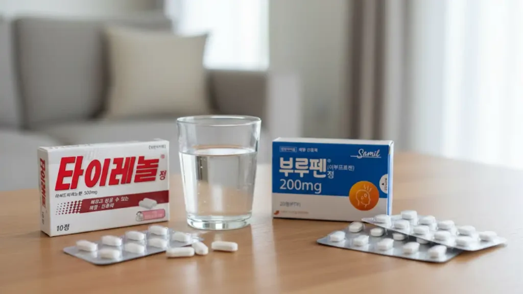 아세트아미노펜 성분 타이레놀, 이부프로펜 성분 부루펜 약 이 놓여있다